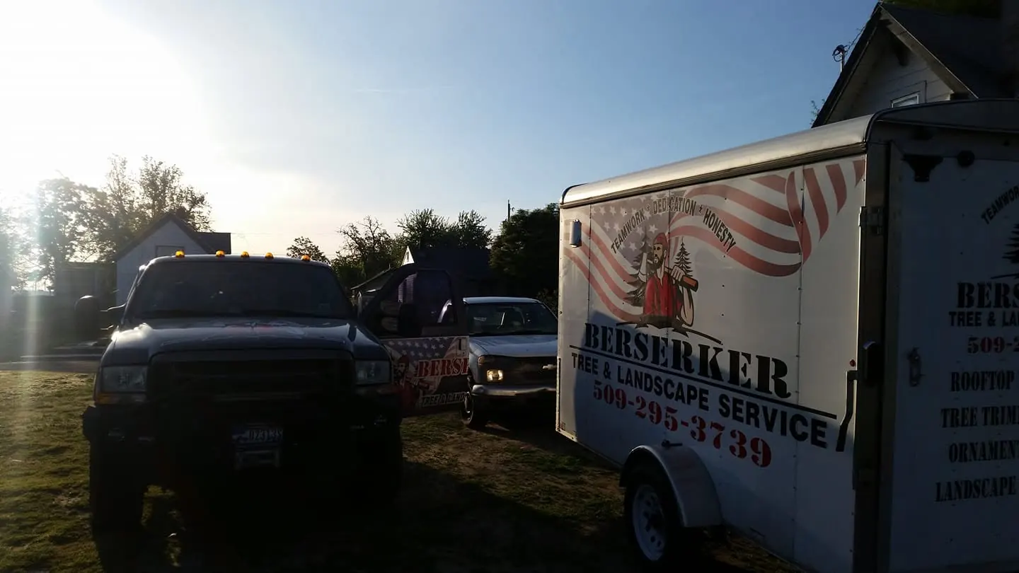 Berserker truck and branded trailer at sunrise